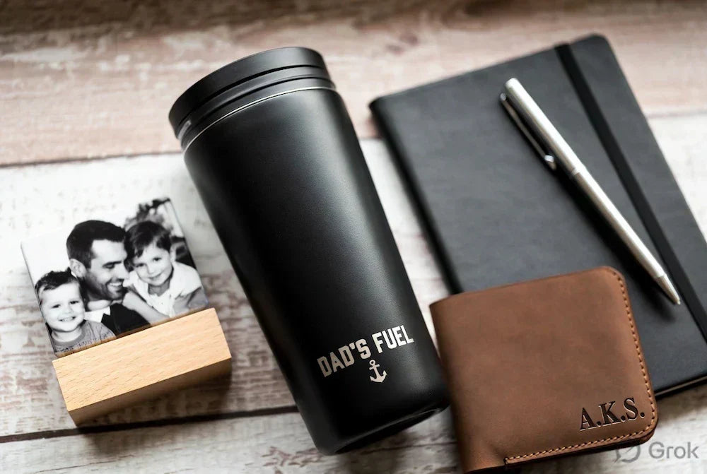 Personalized Father's Day gift set flat lay featuring an engraved black travel tumbler, a monogrammed brown leather wallet, a black notebook with a silver pen, and a custom family photo block on a wooden stand.