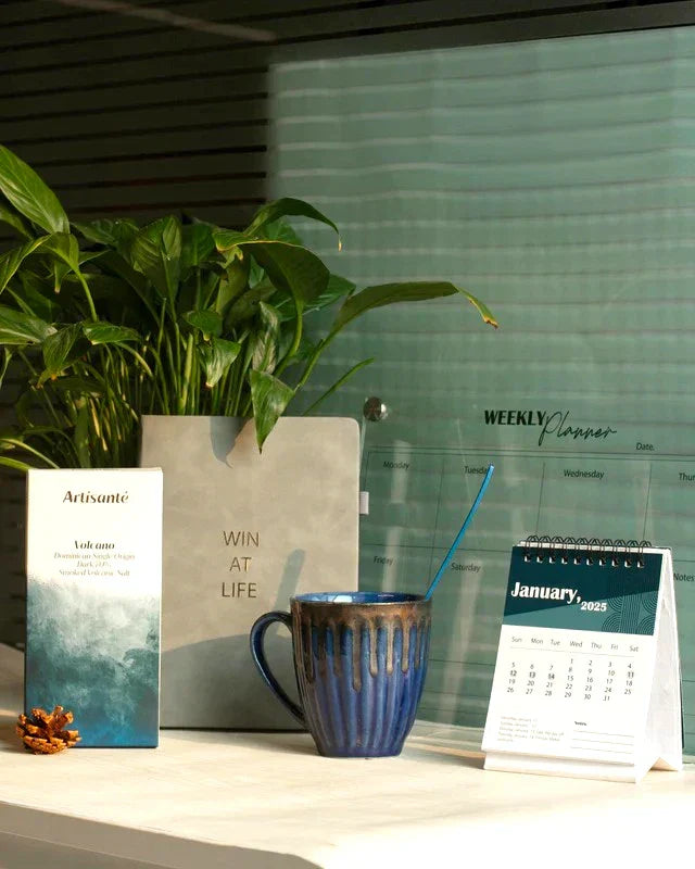 Stylish desk setup with 2025 calendar, planner, mug, and green plant.