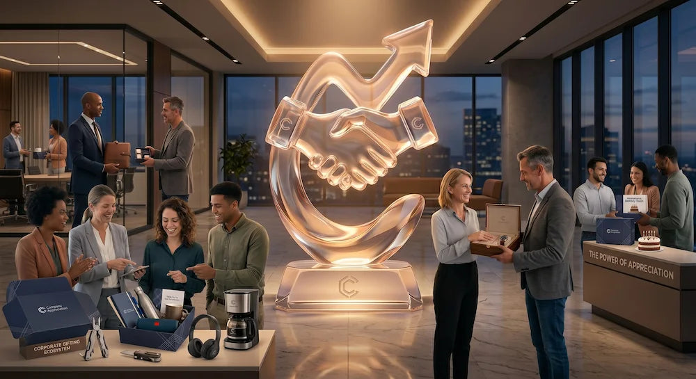 Giftech Global corporate gifting ecosystem showing employees exchanging premium welcome kits, anniversary boxes, and rewards.
