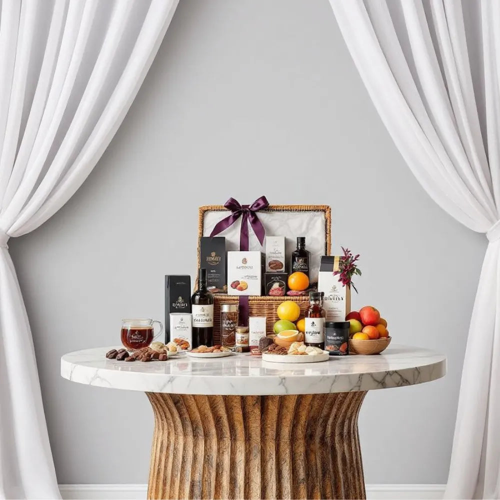 Elegant gourmet gift basket with wine, fruits, and treats on marble table