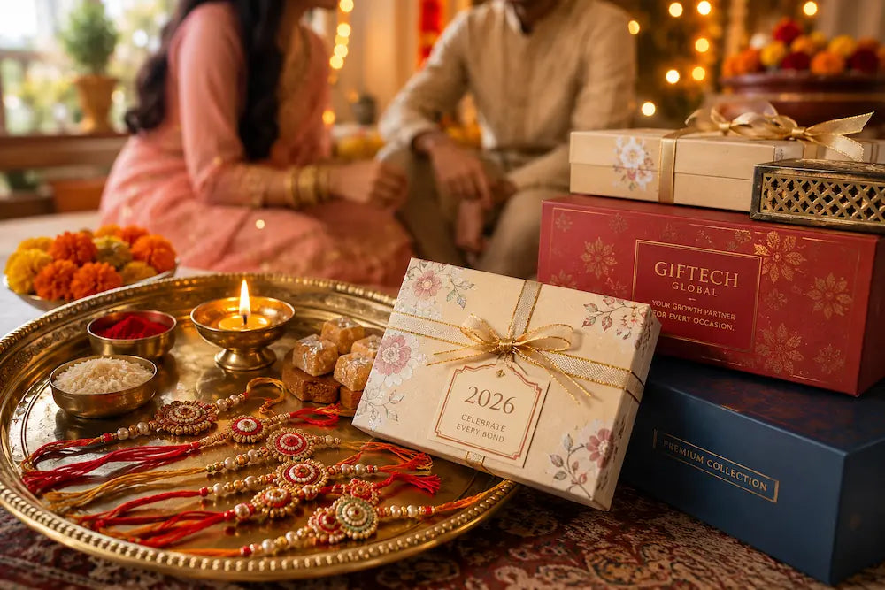 Traditional Raksha Bandhan thali with sacred rakhis, sweets, and elegant 2026 gift boxes with a brother and sister celebrating in the background.