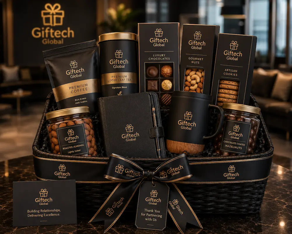 Executive black-and-gold gourmet luxury hamper featuring premium coffee, tea, artisan cookies, chocolates, and branded office accessories.