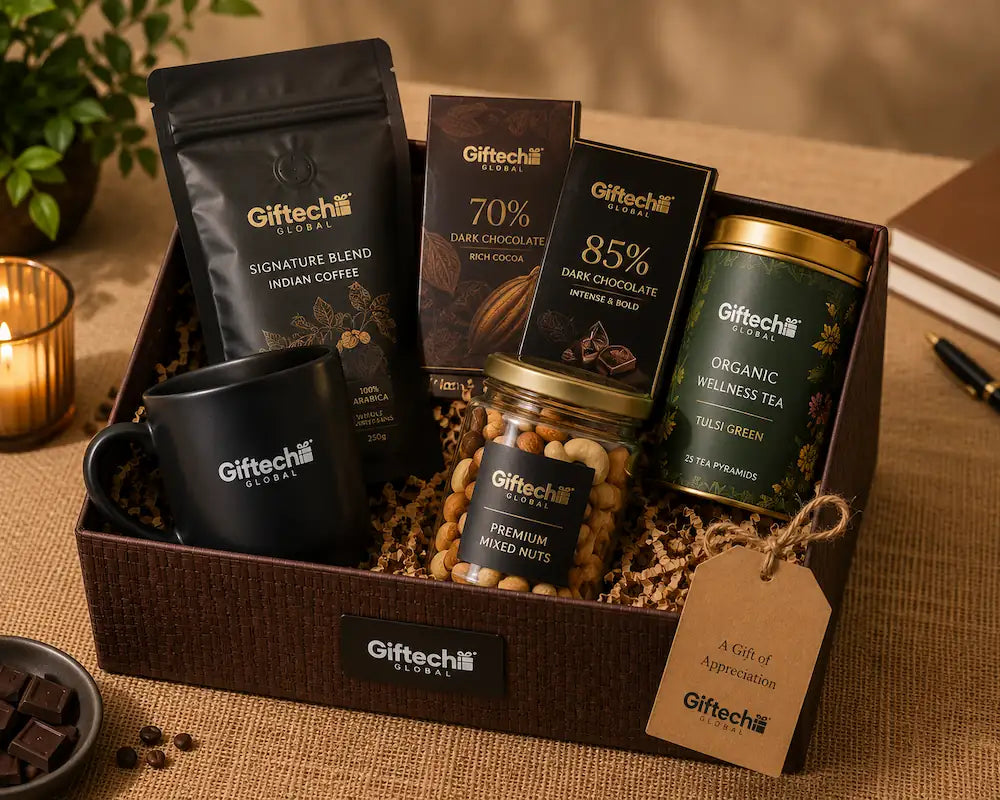 A premium curated corporate gift hamper box from Giftech Global featuring gourmet Indian coffee, organic wellness tea, dark chocolate bars, a black ceramic mug, and premium mixed nuts
