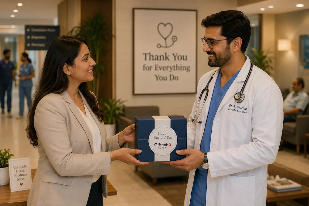 Corporate professional handing a customized Happy Doctors' Day appreciation gift box to a smiling male doctor in a hospital lobby.