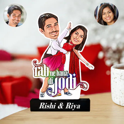 Personalised bolly Caricature for Valentine featuring a couple in Bollywood dance pose with 'Rab Ne Bana Di Jodi' text, custom names on MDF base.