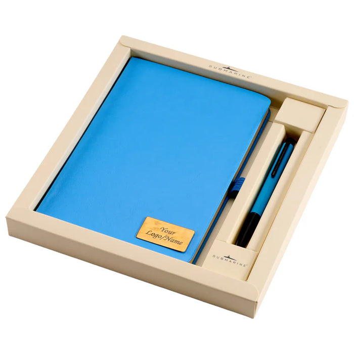 Blue notebook and pen set in a beige box on a white background