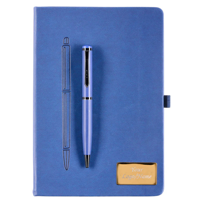 Blue notebook with a pen on a white background