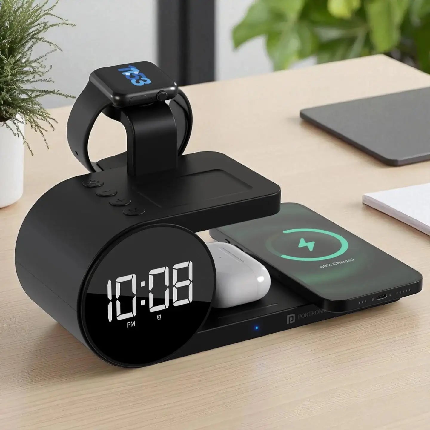 Modern digital clock with wireless charging station and smartwatch holder