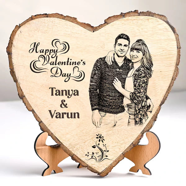 Personalized heart shape wooden plank with engraved couple photo and 'Happy Valentine's Day' text, ideal for romantic gifting.
