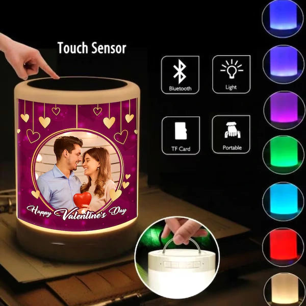Personalized Bluetooth speaker for Valentine with LED light, touch sensor, and custom couple photo, ideal for romantic gifting.