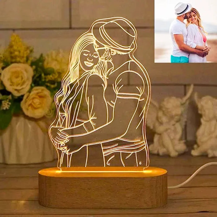 Personalized LED hologram lamp with custom couple photo engraving, warm white light on wooden base. Ideal for anniversaries and romantic gifts.