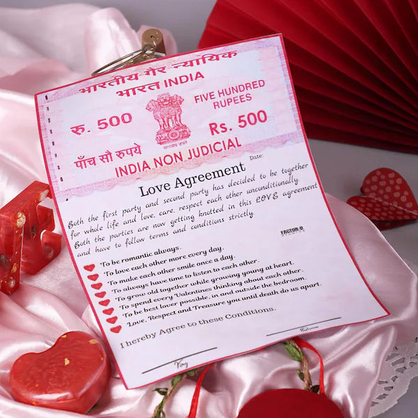 Love Agreement for Couple - couple love agreement | Paper, 8.3x11.7 in displayed on satin fabric with heart decorations, ideal for romantic gifting.