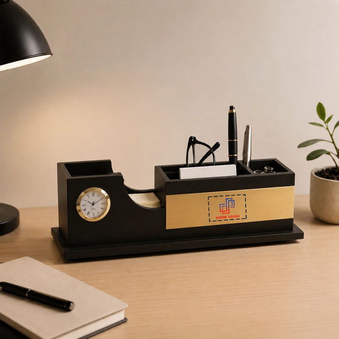 Brown Pen Stand with Built-In Clock