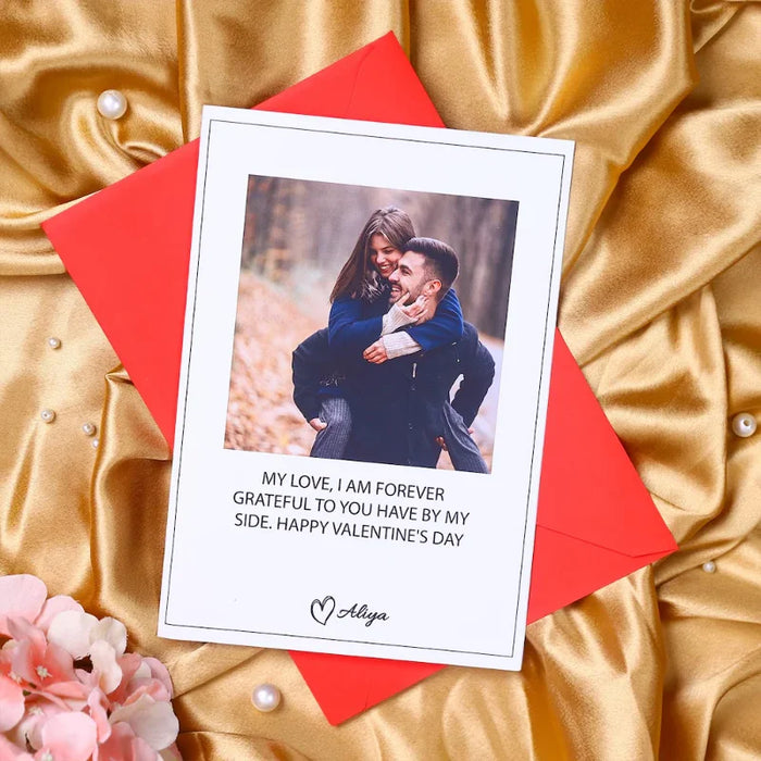 Personalized Valentine's Greeting Card with custom photo and name, displayed on gold satin with red envelope. Ideal for romantic gift giving.