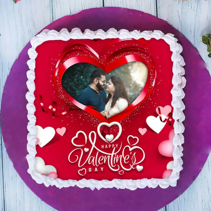 Valentine Love Photo Cake - Valentine photo cake in vanilla flavor, square shape with heart photo print and 'Happy Valentine's Day' text.