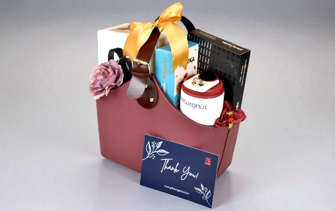 Curated gift hamper with a thank-you card