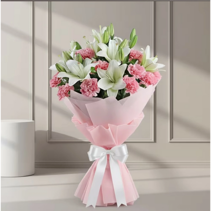 Bouquet of white lilies and pink carnations wrapped in pink paper
