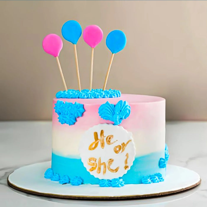 Balloon-themed baby shower cake with blue and pink balloons and blue floral decorations
