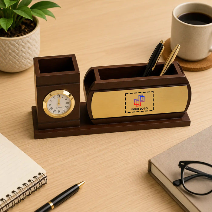 Desktop Pen Stand with Clock & Name Plate