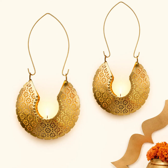 Chandrakala Design Hanging Tea Light Holder With Candle - Set Of 2