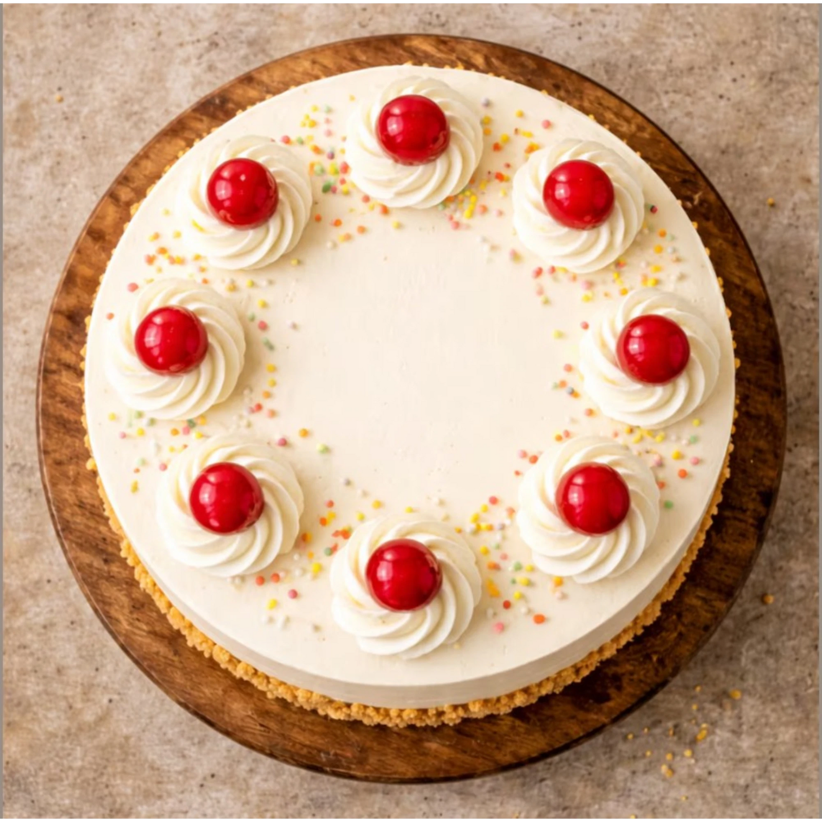 Close-up of decorated vanilla cake with cherries and sprinkles