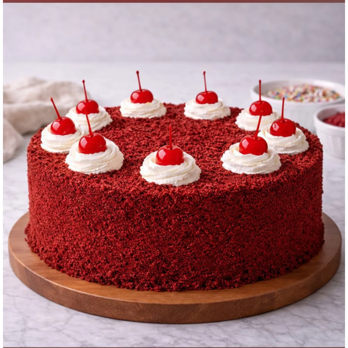 Red velvet cake with cherries and cream frosting on wooden platter