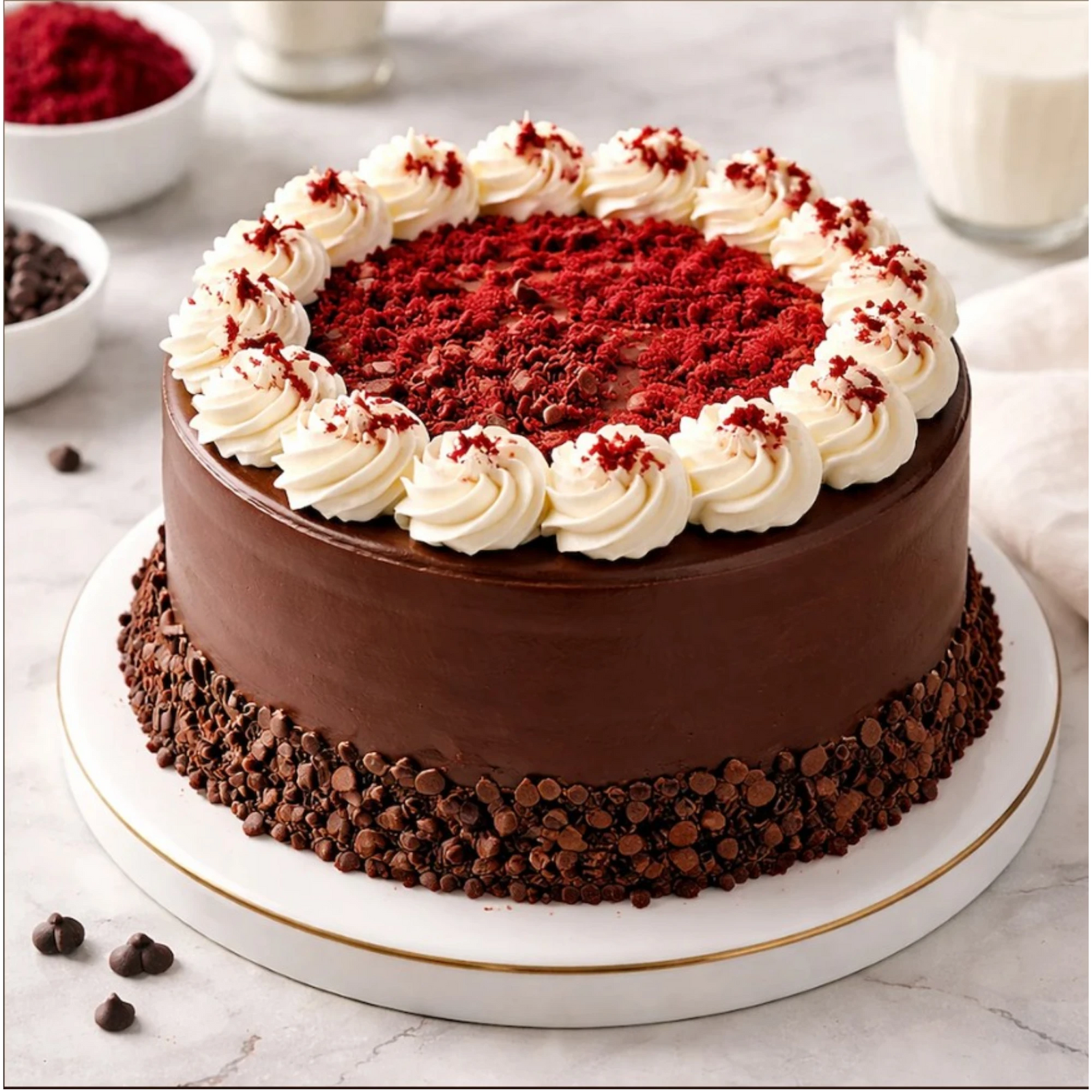 Chocolate cake with whipped cream and red velvet topping