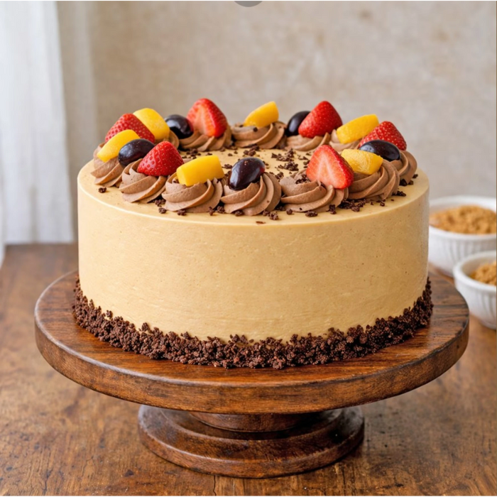 Chocolate Fruit Fusion Cake with strawberries, mango, and cherries on top