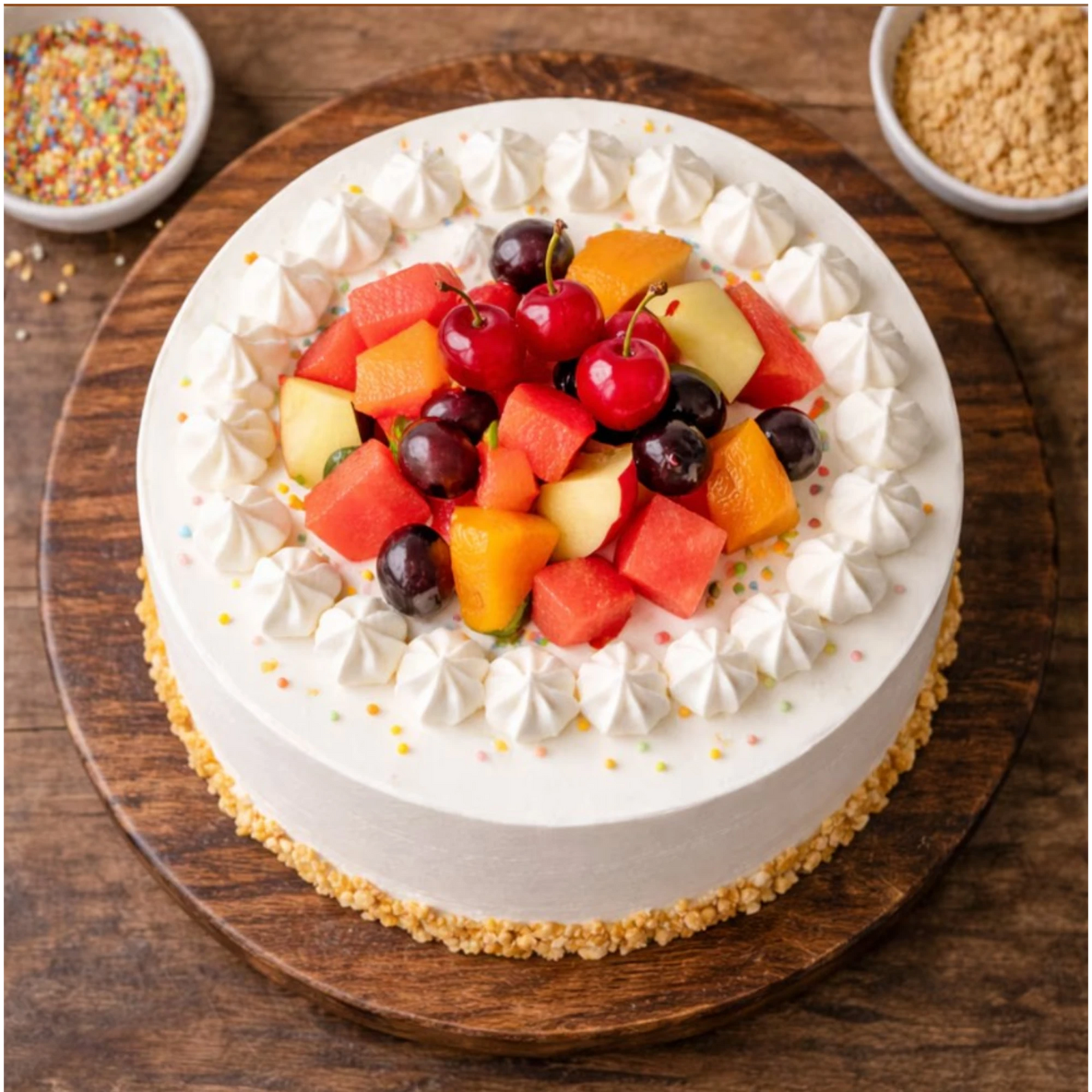 Close-up of colorful fruit decoration on classic fresh fruit cream cake