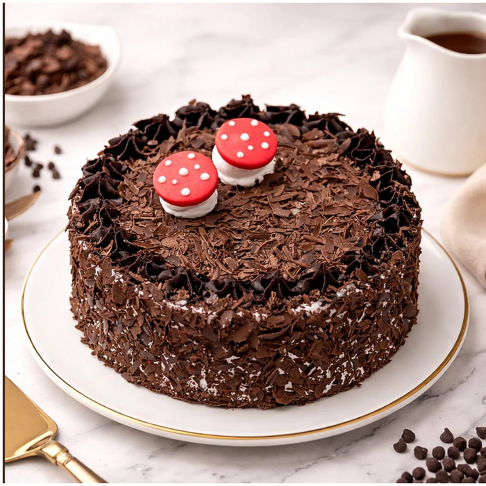 Chocolate cake with red mushroom fondant toppers on white plate