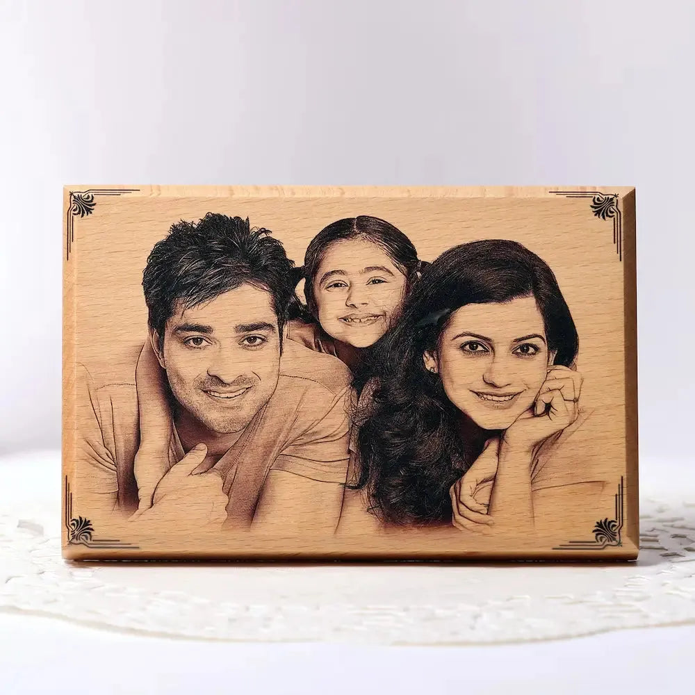 Etched engraved photo plaque featuring a smiling family portrait on MDF wood, ideal for personalized home décor or gifting.