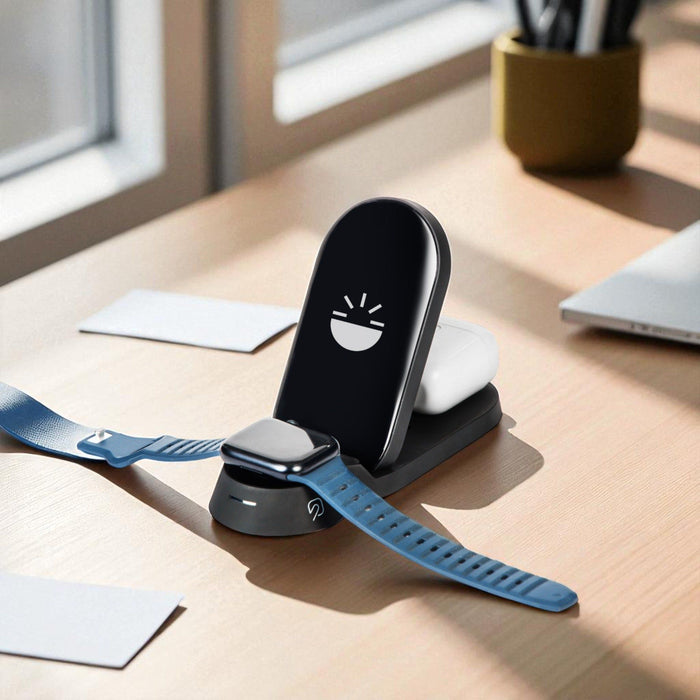 showcasing with smartwatch Flare Dock wireless charger 3 in 1 multi device custom charging station and personalized tech gifts