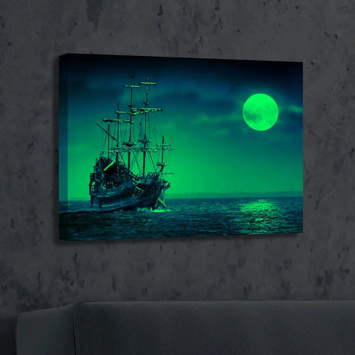 Gleaming Delight Night Glow Frame 12x16 showing a glowing pirate ship under a green moon, ideal for Christmas decor or New Year gifts.