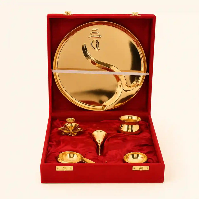 Gold Plated Stainless Steel Pooja Thali with Brass Accessories