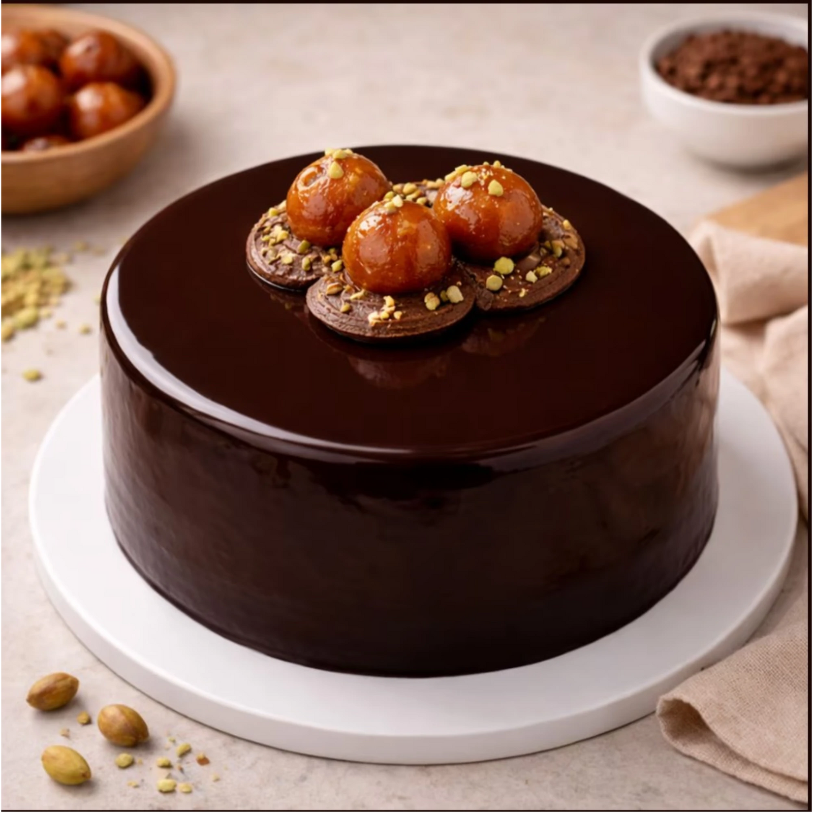 Gulab Jamun Chocolate Truffle Cake with pistachio topping on black plate