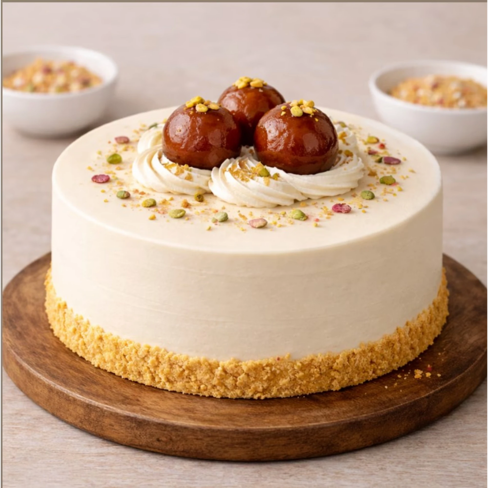 Close-up of Gulab Jamun vanilla cake with pistachios and cream topping