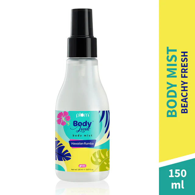 Hawaiian Rumba Body Mist 150ml by Plum with tropical-themed label, ideal for daily use with a fresh, lightweight beachy fragrance.