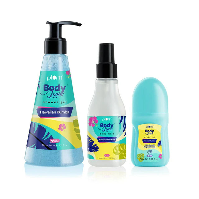 Tropical Bath and Body Trio featuring Plum Hawaiian Rumba Shower Gel, Body Mist, and Deodorant for refreshing daily bodycare routine.