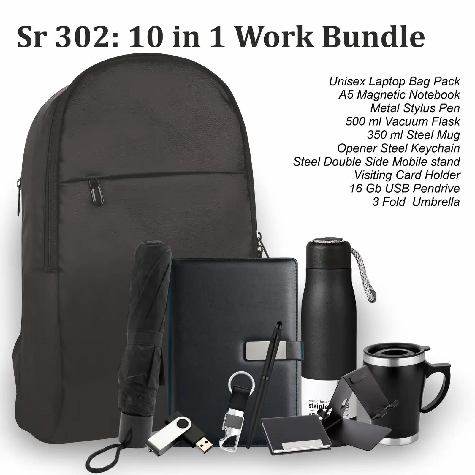 10-in-1 work bundle with black backpack, notebook, and other items on a white background
