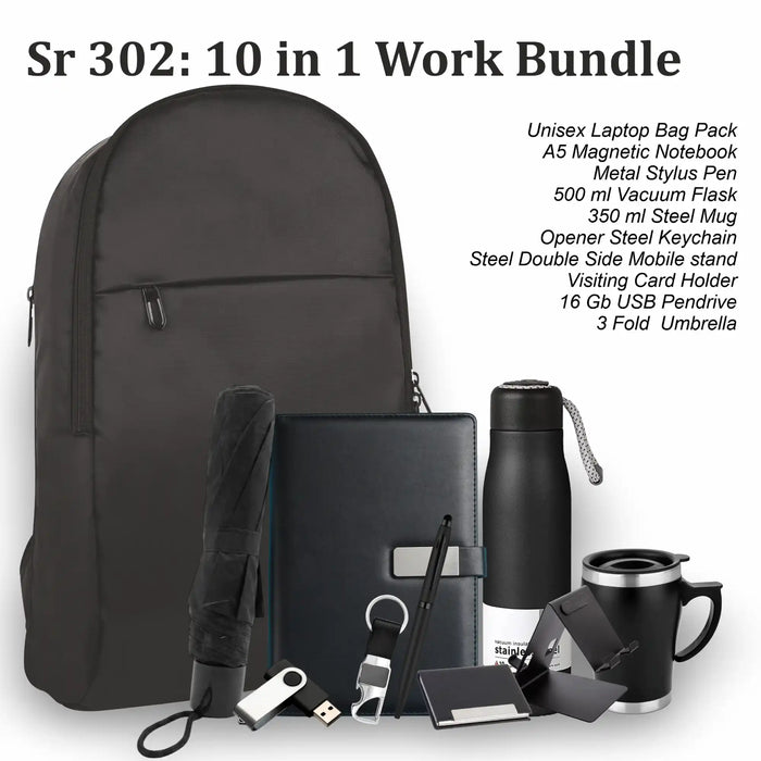 10-in-1 work bundle with black backpack, notebook, and other items on a white background