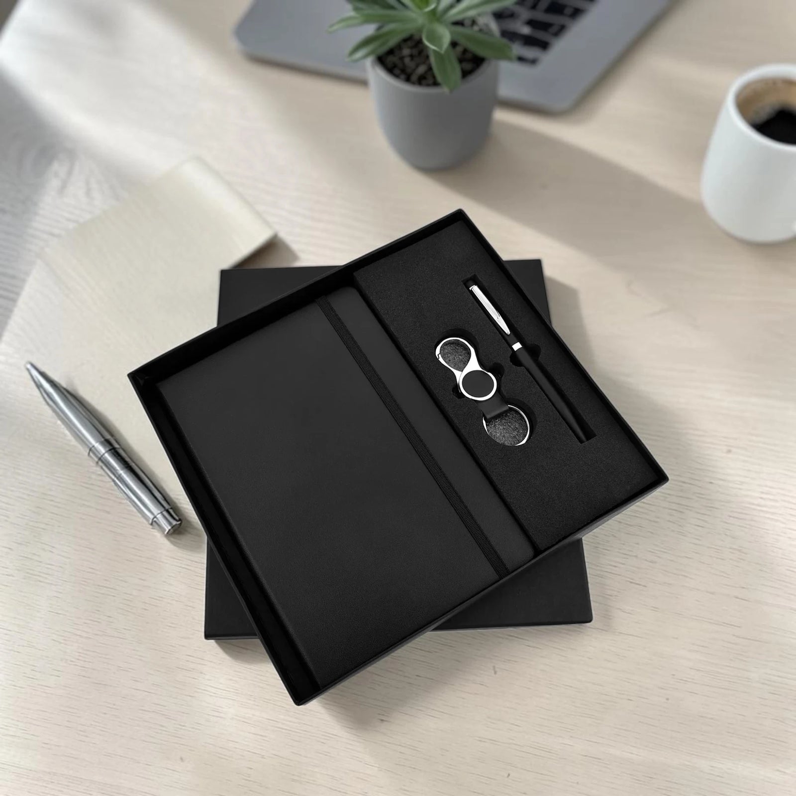 Black elastic eco friendly cork diary and pen set sustainable corporate gift bundle for professionals