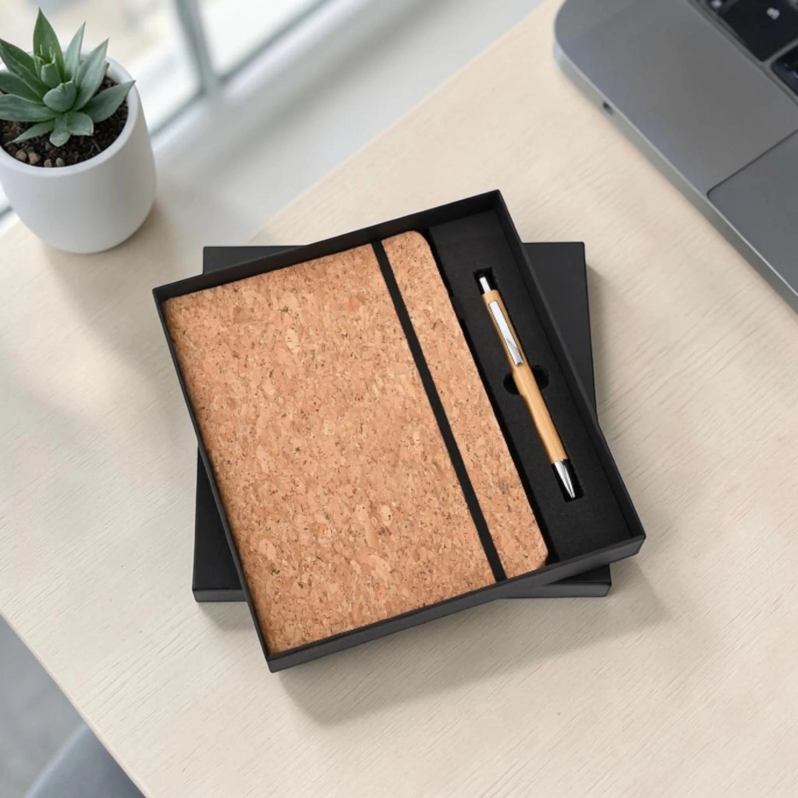 Premium cork elastic pen and diary combo sustainable corporate gift set for professionals