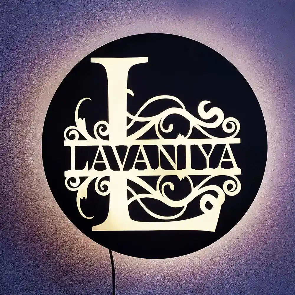 LED Custom Name Lamp - Personalized LED Decor featuring the name 'Lavaniya' in a glowing circular design, ideal for home décor and gifting.