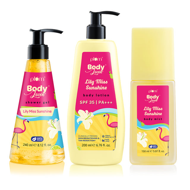 Vanilla Caramel Gift Set with shower gel, SPF 35 body lotion, and body mist in vibrant packaging from Plum's Lily Miss Sunshine range.