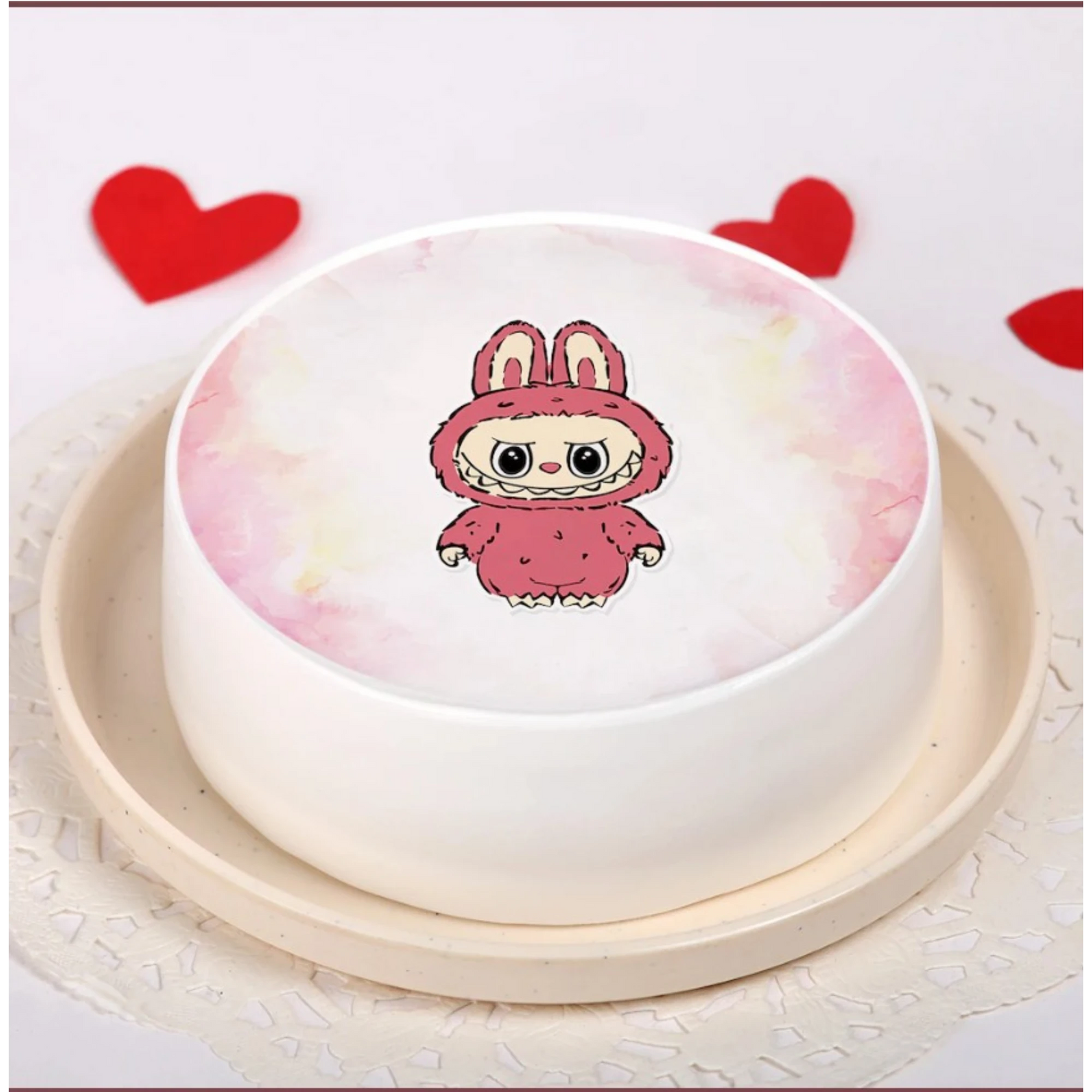 Labubu Vanilla Cake with cartoon character design and red hearts