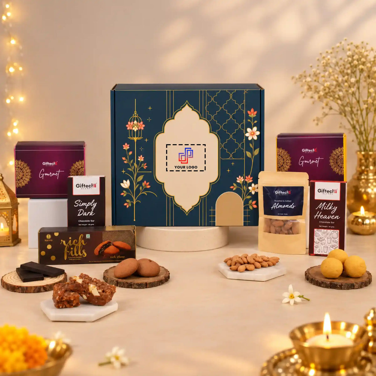 A styled product display of Othailvi gift boxes and assorted chocolates, nuts, and sweets arranged on a table with warm string lights, candles, and floral decor.