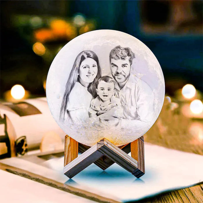 Moon Love Lamp - Personalized LED Art Deco with custom family photo engraving, 14cm moon-shaped lamp on wooden stand for home décor.