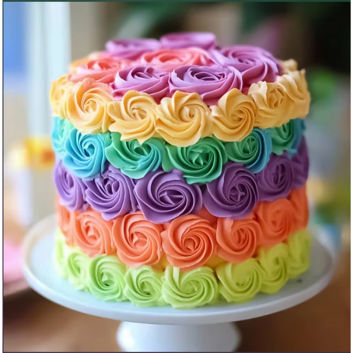 Colorful rainbow cake with rosette frosting