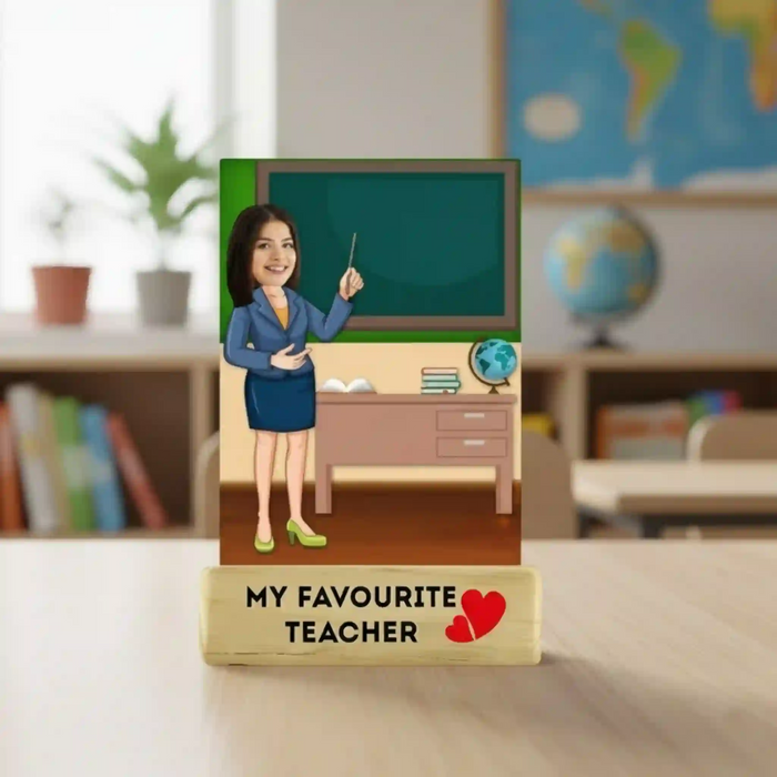 Personalized teacher gift with illustration of a teacher in front of a blackboard, placed on a wooden stand with 'My Favourite Teacher' text.