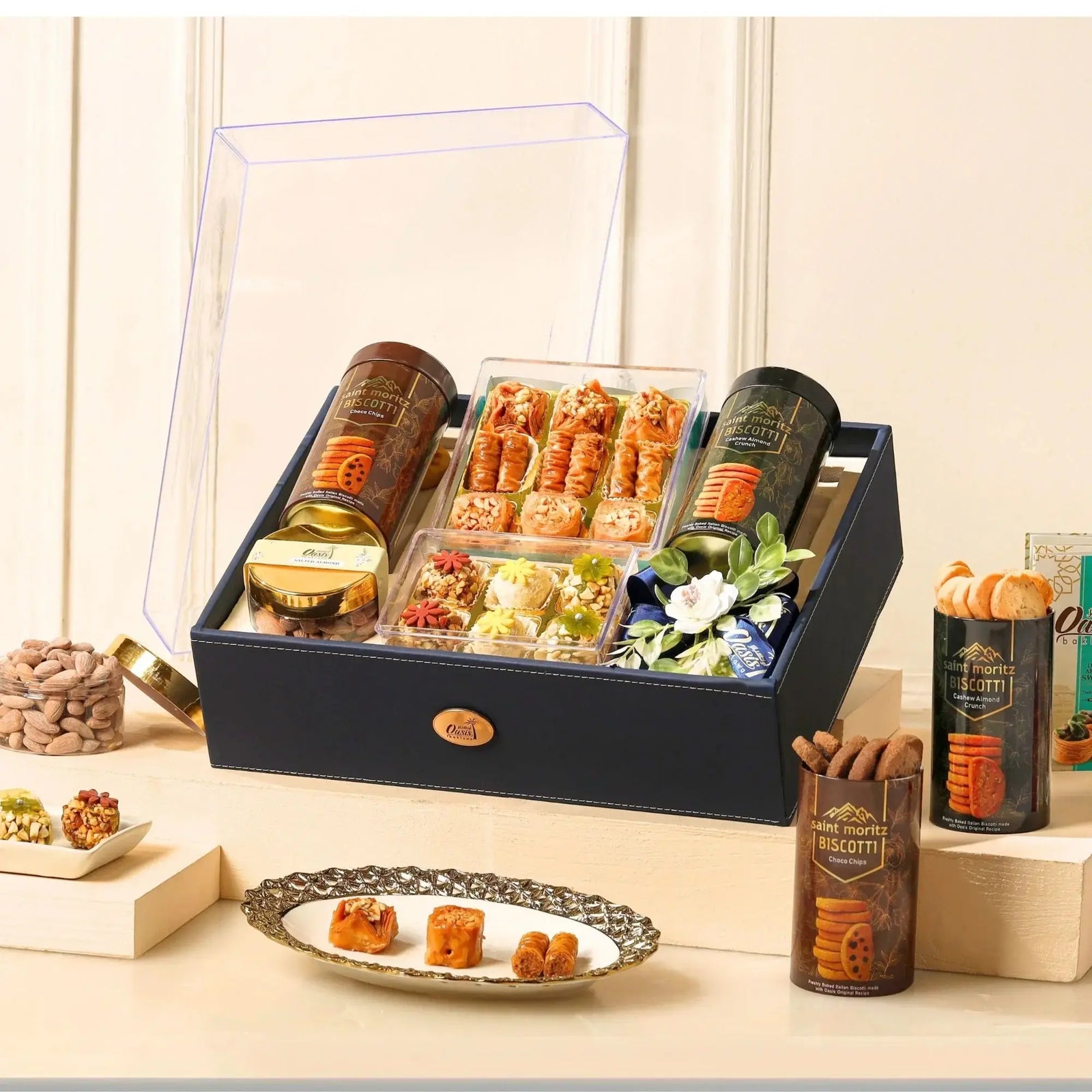 Royal Indulgence Gourmet Hamper | Gift Hampers Online featuring assorted baklava, dry fruits, biscotti, and sweets in a luxury gift box.